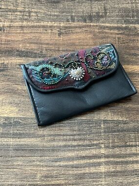 Brighton Black Leather Embroidered & Beaded Compact Wallet Card Case with Snap